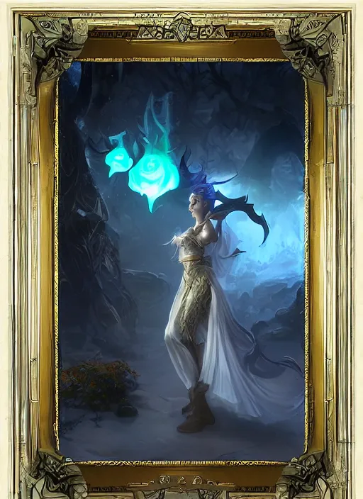 Image similar to filigree frame, elven, magic, hearthstone, artstation, volumetric light from jeremy lipkin and michael garmash, craig mullins, artgerm, unreal engine