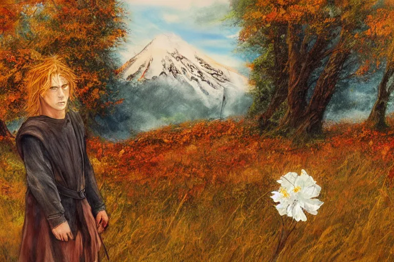 Image similar to concept art, mood painting, environment painting, rohan man holding white flower looking at flower large field autumn october snow capped mountains in background lord of the rings lotr. style of, ryan church, jon mccoy, george hull, painting