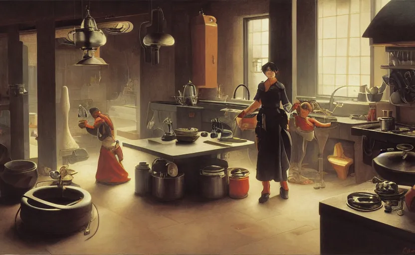 Prompt: kitchen. by rembrant, battle angel alita, ralph mcquarrie, aluminum, 1 6 6 7