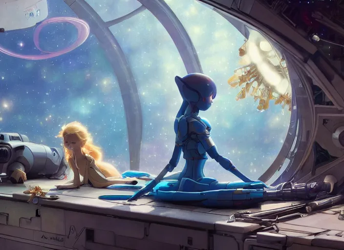 Image similar to a pretty robot girl and her alien space cat sleeping in a spaceport in a space opera ghibli animated film, volumetric lighting, octane render by stanley artgerm lau, greg rutkowski, thomas kindkade, alphonse mucha, loish, norman rockwel, highly detailed