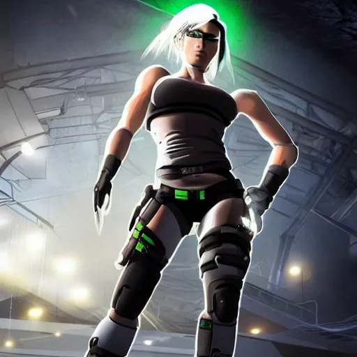 Image similar to Cyborg Lara Croft with white hair, green eyes, exploring futuristic base, Deus Ex elegant clothes, illuminated by surrounding lights, high quality, highly detailed