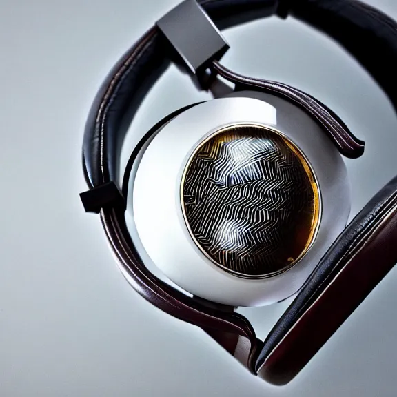 Prompt: masterpiece photo of beautiful hand crafted artistic detailed transparent headphones, bismuth metal, electronics see through, plush leather pad, modernist headphones, bismuth beautiful well designed, hyperrealistic, audiophile, intricate hyper detail, extreme high quality, photographic, audeze, sennheiser, raal, bang olufsen, abyssal