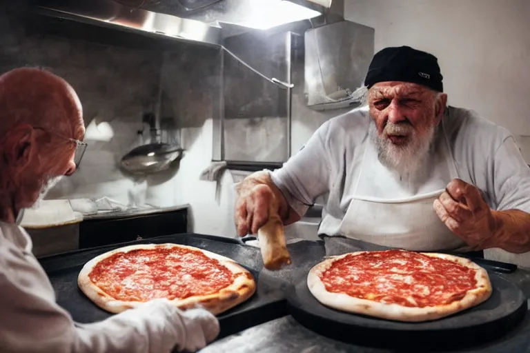 Image similar to an old italian man making pizza in skyrim, fisheye lens