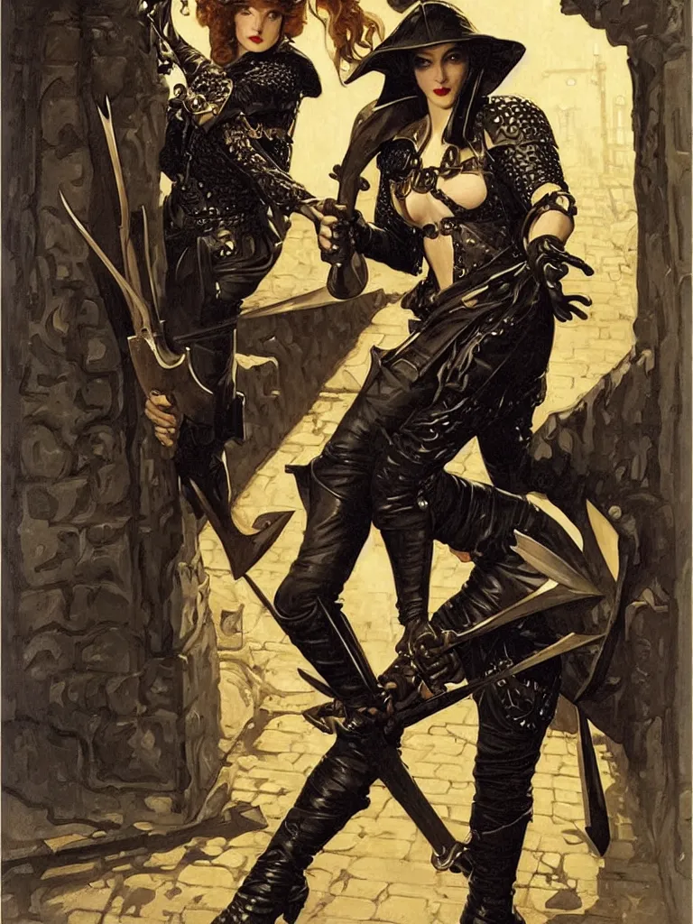 Image similar to portrait of a young woman as a thief wearing black leather armor and wielding a dagger in a dark alleyway, fantasy, intricate, elegant, art by j. c. leyendecker