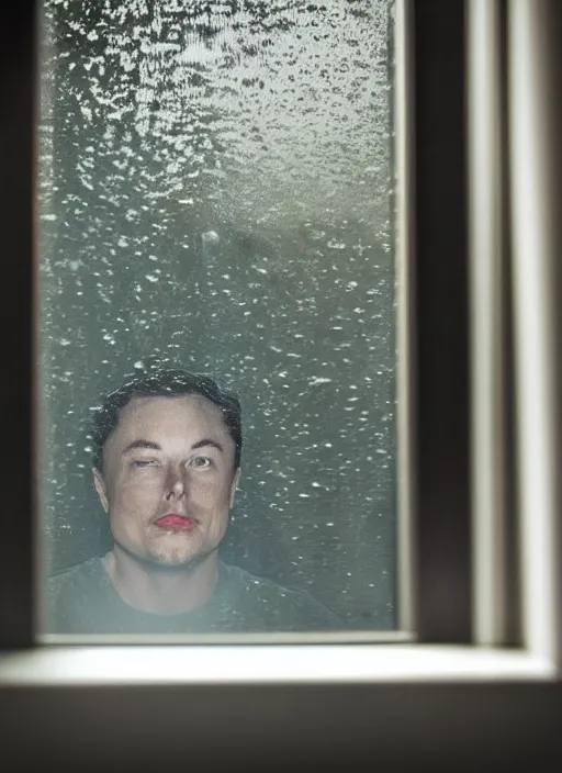 Image similar to dark photo of dark blue rainy bedroom window at night, dimly lit creepy face of elon musk staring in through the window, horror, scary face,