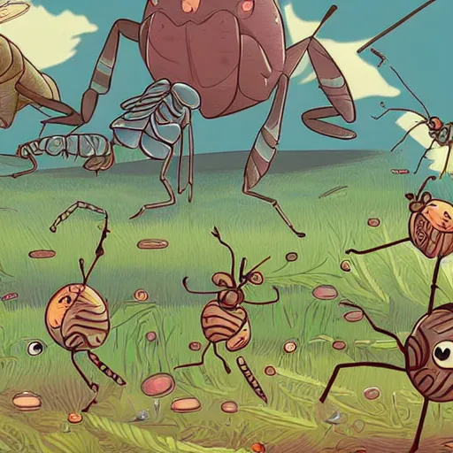 Prompt: An infinite world full of grasshoppers, worms and bugs, rendered in a stylized cartoony style with hand-drawn illustrations, cel-shading, 8K. Original concept artwork for fantasy worlds filled with creepy crawly insects and other animals, based on popular fiction.