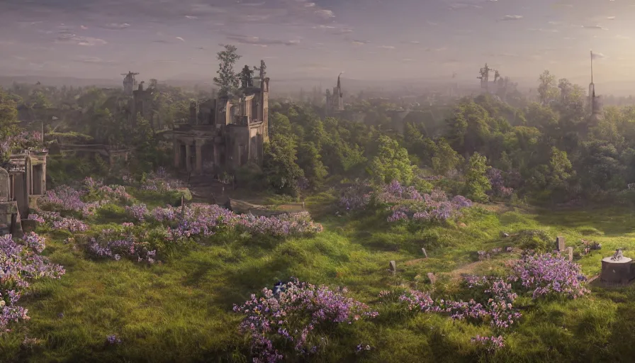 Image similar to landscape painting drone shot of violet evergarden facing away standing on a distant flower hill, behind it a distant old german city, sunshine, fantasy, intricate, elegant, highly detailed, digital painting, artstation, blender, unreal engine 5, octane render, smooth, sharp focus, illustration, by Philipp A. Urlich and greg rutkowski
