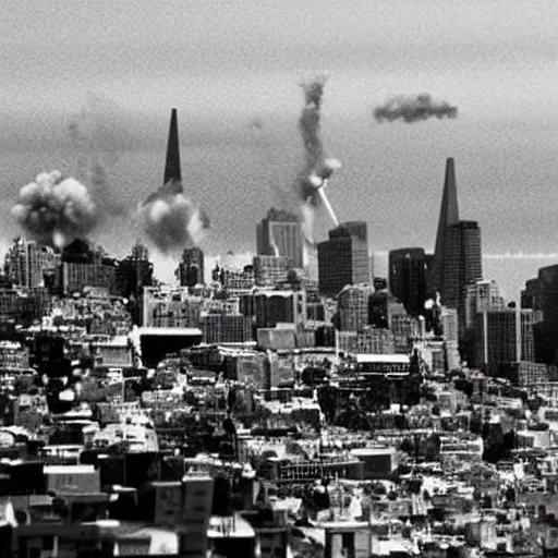 Image similar to nuclear bomb destroying san francisco, movie still, moody