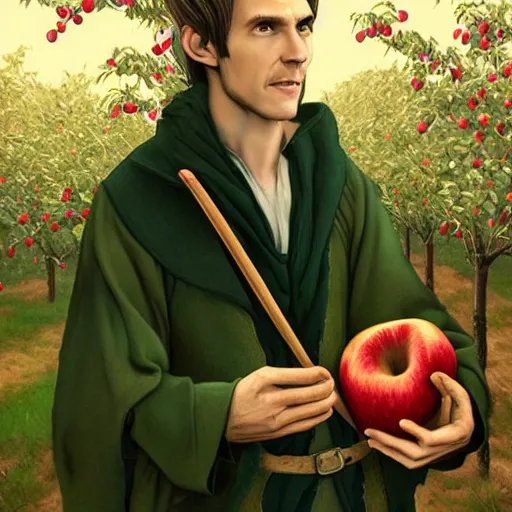 Prompt: realistic portrait of a slender elven man, standing in an apple orchard, dressed in medieval clothes, very handsome, dungeons and dragons