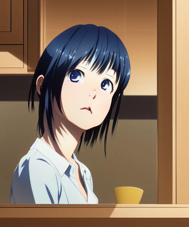 Prompt: anime visual, illustration of a young woman looking in a kitchen cabinet from a distance, cute face by ilya kuvshinov, yoshinari yoh, makoto shinkai, katsura masakazu, dynamic perspective pose, detailed facial features, kyoani, rounded eyes, crisp and sharp, cel shad, anime poster, ambient light,