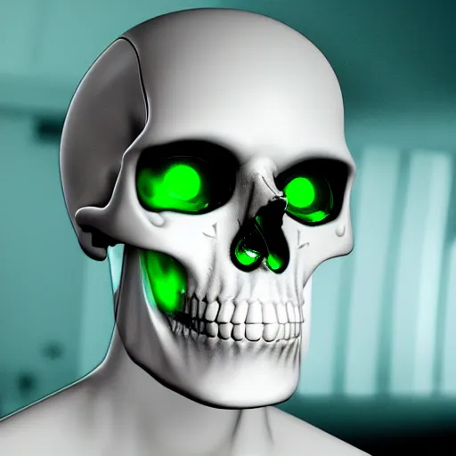 Image similar to ultra realistic Skull with Cyborg Implants and Green eyes scanning space for Sentient life