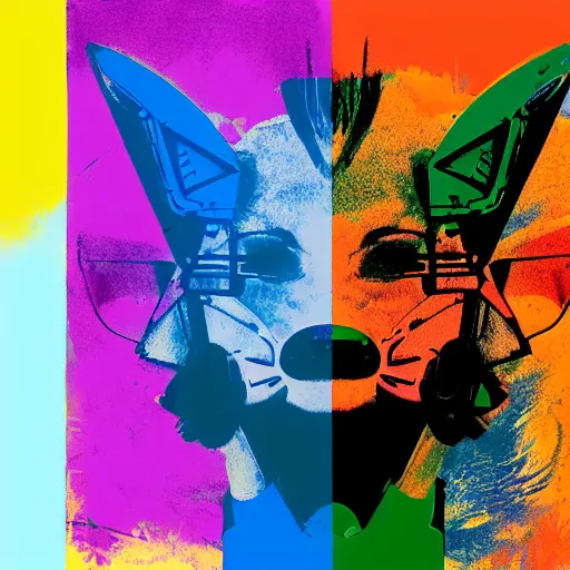 Image similar to illustration of cyberpunk fox in vr helmet, colorful splatters, by andy warhol and by zac retz and by kezie demessance