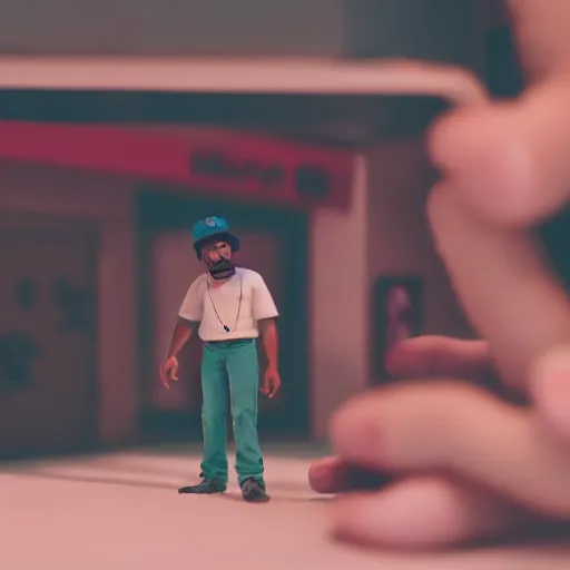 Image similar to a cinematic film still of a claymation stop motion film starring chance the rapper as a college student, shallow depth of field, 8 0 mm, f 1. 8