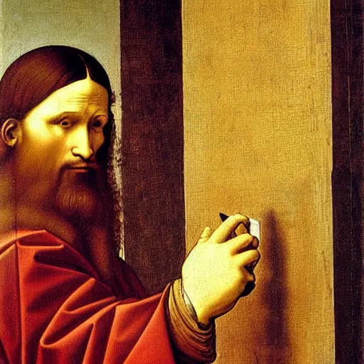 Image similar to nikolaus making a sales call. oil painting. da vinci. extremely detailed