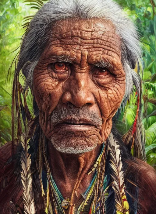 Image similar to a beautiful painting portrait of a very old indigenous grand-father in the amazon jungle, matte painting, fantasy art, ayahuasca, highly detailed