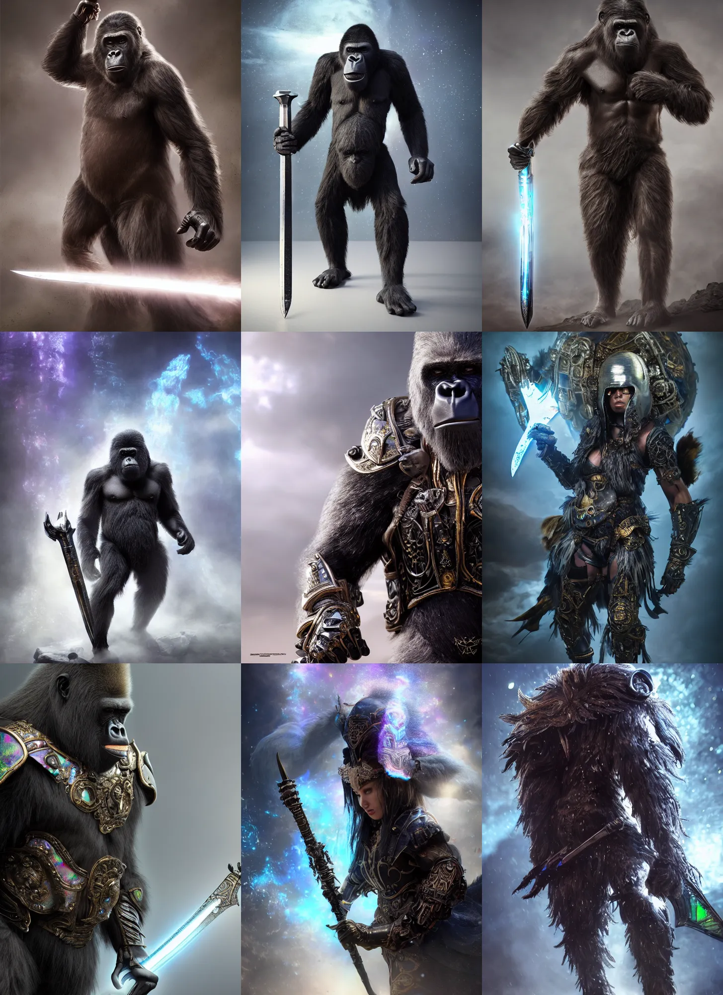 Prompt: , super realistic 8 k render of a dark hooded powerful elegant elite gorilla warrior wearing iridescent steampunk armor brandishing a celestial sword, extremely detailed, iridescent, high quality, epic, futuristic, octane render, beautiful, shimmering, deity leesha hannigan, ross tran, thierry doizon, kai carpenter, ignacio fernandez rios