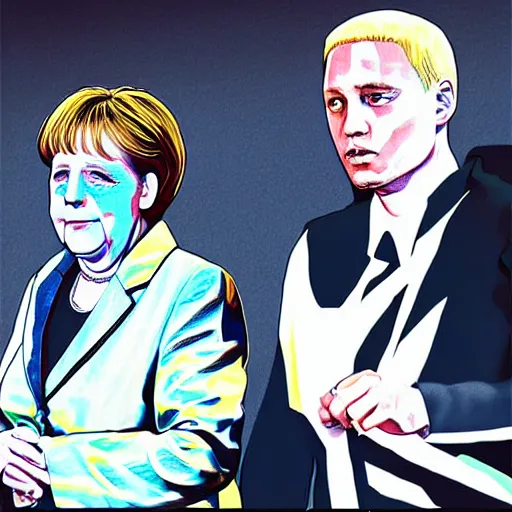 Prompt: Angela Merkel holding hands with Eminem, digital art, anime