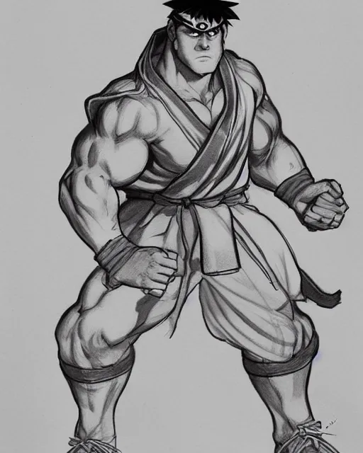 Prompt: ryu from street fighter, sketch by glen keane and jin kim, black and white illustration, concept art, disney