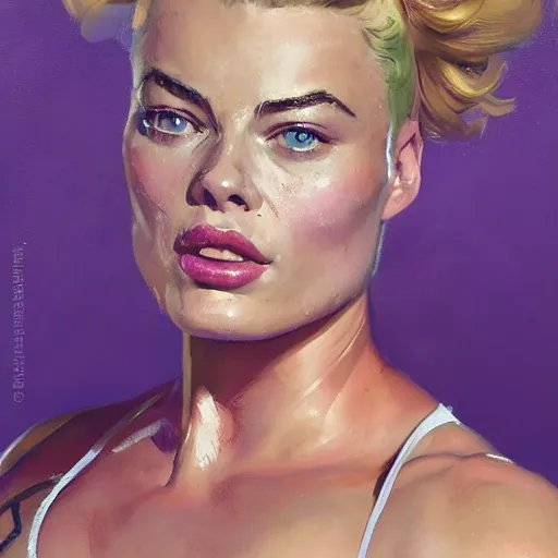 Image similar to greg manchess portrait of margot robbie as happy thick female bodybuilder zarya from overwatch in disco elysium, epic grimdark, fantasy, medium shot, asymmetrical, profile picture, organic painting, sunny day, matte painting, bold shapes, hard edges, street art, trending on artstation, by huang guangjian and gil elvgren and sachin teng