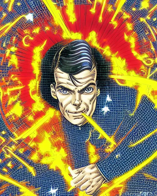 Image similar to alan turing manga comic book cover, action, explosions, by alex grey