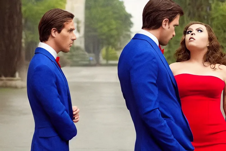 Prompt: full body film still of a man longingly looking at a far away woman in a red dress as a woman in a blue dress looks disgusted at the man in the new romance comedy movie, dramatic angle, dramatic lighting