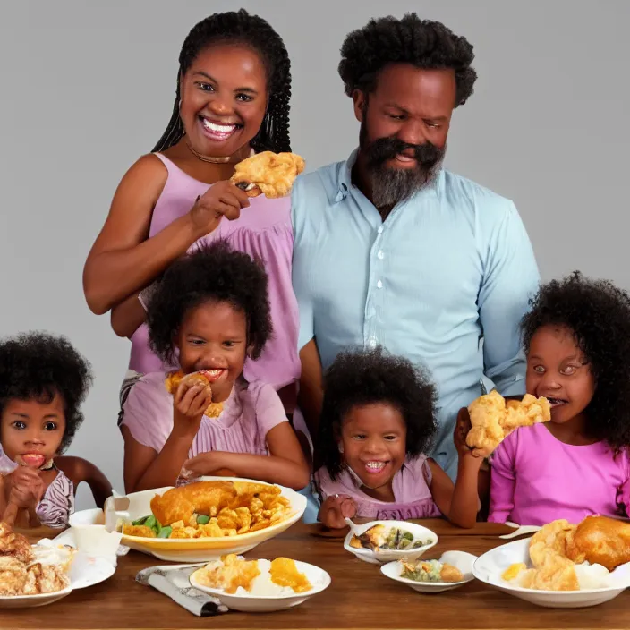 Image similar to African American family in 1979 with two daughters and a son eating chicken, mash potatoes, and rolls for dinner. 3d version style