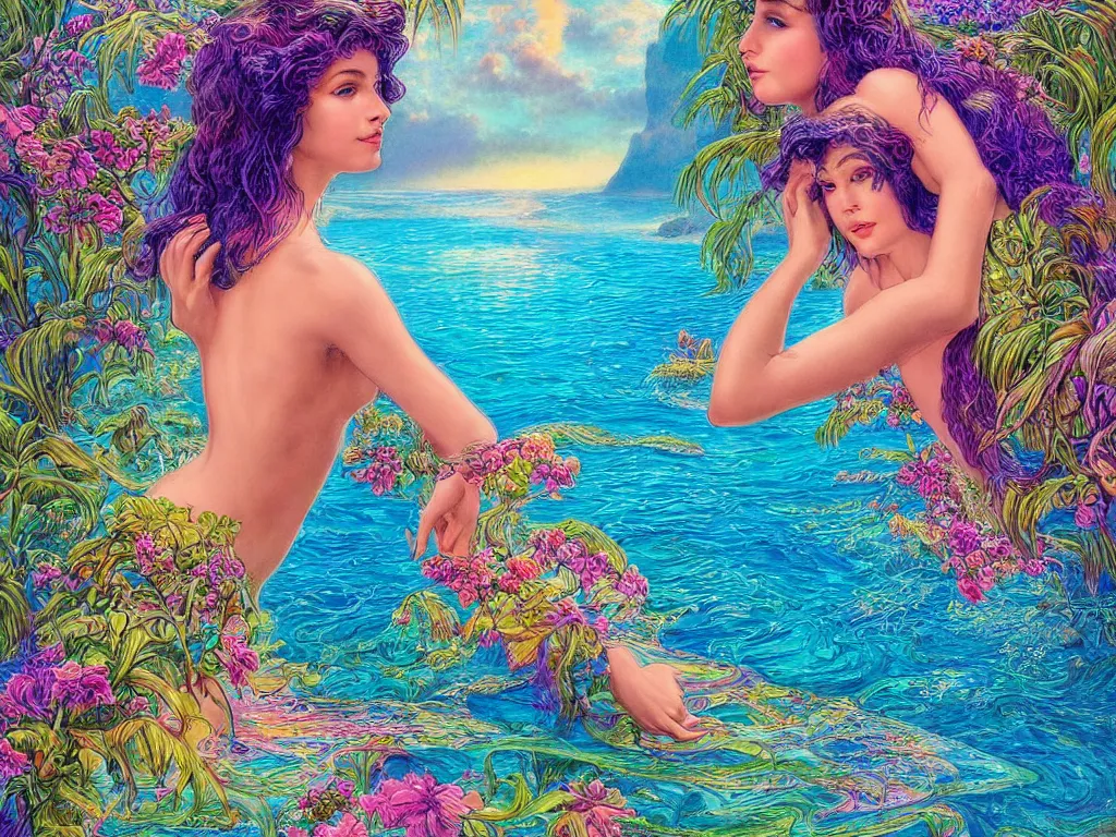 Prompt: Island beach cove of my wildest dreams, iridescent, Kauai, Sunlight Study, by Hans Zatzka and (((((((Lisa Frank))))))), Art Nouveau, 8k