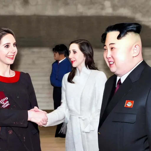 Image similar to close up shot of alison brie engaging peace talks with kim jong un at the slough corn exchange. photography, photographic