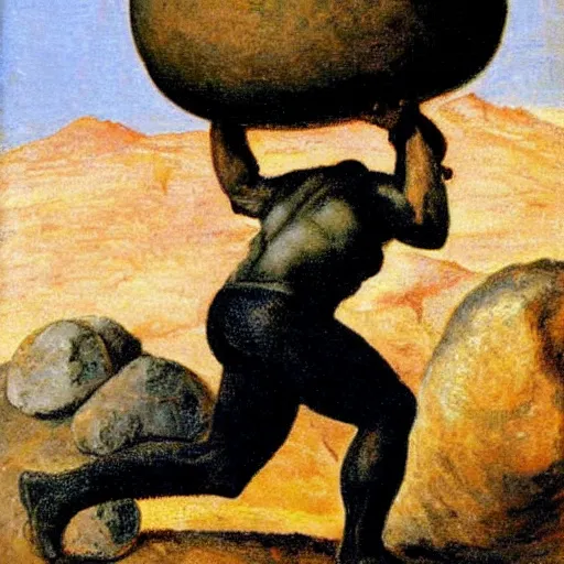 Image similar to a painting of benjamin netanyahu as sisyphus, carrying large boulder on shoulders, large mountain, by franz stuck