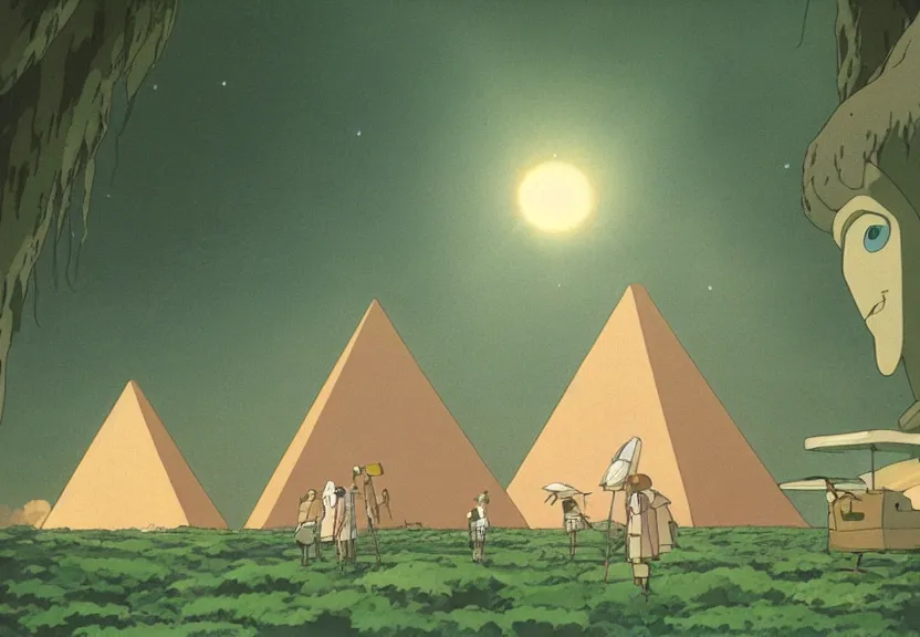 Image similar to a movie still from a studio ghibli film showing several large white pyramids and a golden ufo in the amazon jungle. by studio ghibli