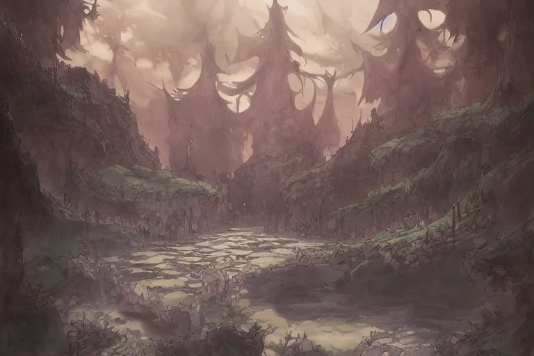 Prompt: dark fantasy land, painting, water color, ghibli, hayao miyazaki, concept art, detailed, nobuyuki yanai, hiroshi matsuyama, hiroyuki maeda