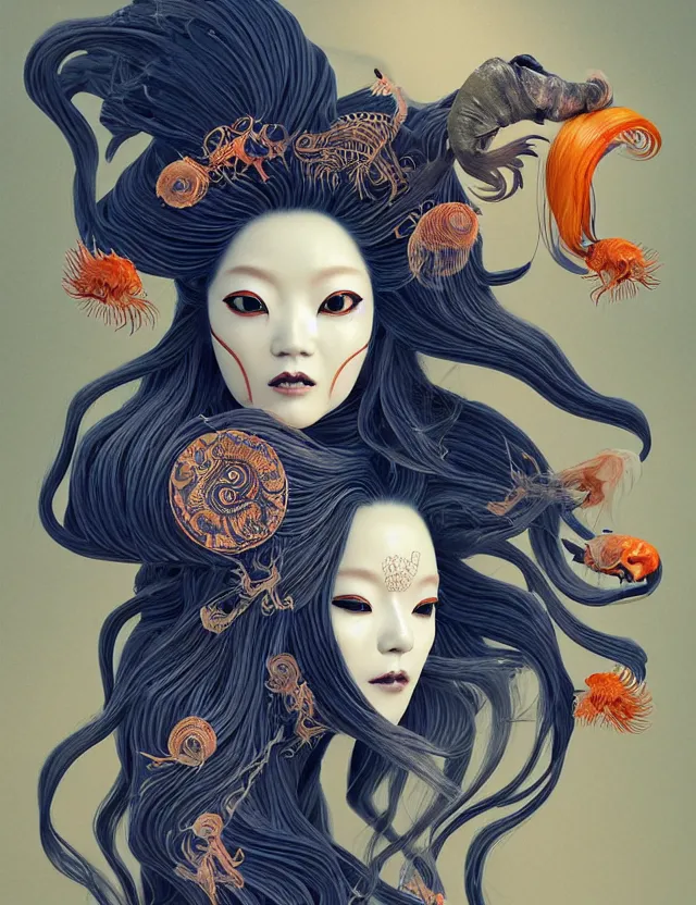 Image similar to 3 d slvic goddess half - turn portrait with long hair with ram skull. beautiful intricately detailed japanese crow kitsune mask and clasical japanese kimono. betta fish, jellyfish phoenix, bio luminescent, plasma, ice, water, wind, creature, artwork by tooth wu and wlop and beeple and greg rutkowski