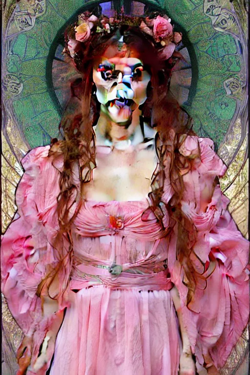 Image similar to beautiful girl in an pink wedding dress, symmetrical full body portrait by Donato Giancola, Alphonse Mucha, Artgerm and William Bouguereau, digital art, ,character concept, Epic, photorealism presented in artstation hyperrealism, award winning artwork,, high quality print, fine art with subtle redshift rendering