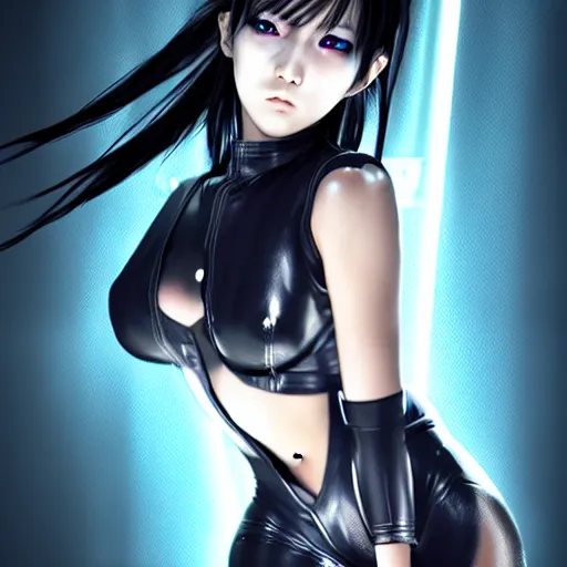 Image similar to An epic comic hyperrealistic anime painting of a cyber warrrior girl wearing futuristic wardrobe, black and silver, ultradetailed face expression trending on artstation and artbreeder, cyberpunk 2077 color, heavy rainning at tokyo street night, neon ligh, DAZ, 8k, unreal 5 engine render, cosplay, RPG portrait, final fantasy Vll world concept, dramatic lighting, rim lights, PS5 render quality