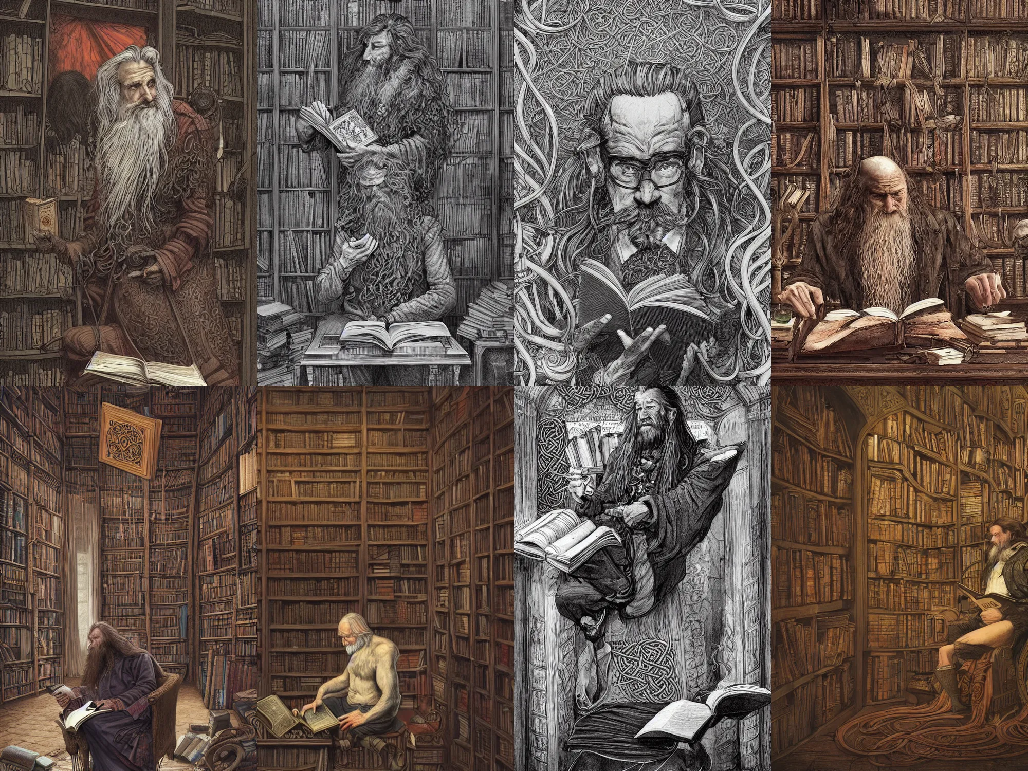 Prompt: a man with long hairs reads an old celtic book, old library with old books and scrolls in the background, art by James Jean and Wayne Barlowe, high detail, cinematic, cgsociety 8k