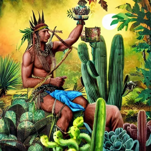 Image similar to single spartan in amazonian jungle surrounded by cactus with a shaman offering peyote with a camp fire on a full moon with stars