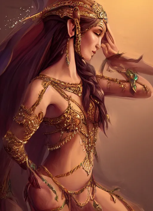 Image similar to a highly detailed illustration of an elegant elf arabian dancer, gracefully belly dancing pose, intricate, elegant, highly detailed, centered, digital painting, artstation, concept art, smooth, sharp focus, league of legends concept art, WLOP