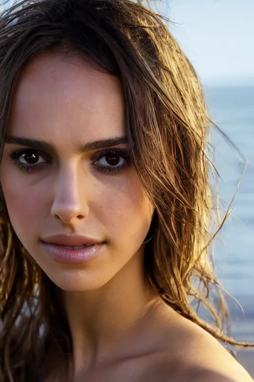 Image similar to a photo of a girl half Nathalie Portman half Jessica Alba at beach, portrait at beach, 3/4 view, amber eyes, a shy face, the sea in the background, Refined, Detailed professional photo, 50mm lens, Canon eos, soft an diffuse lights, autumn light, blurry distant background, Highly Detailed, Cinematic Lighting, Unreal Engine, 8k, HD