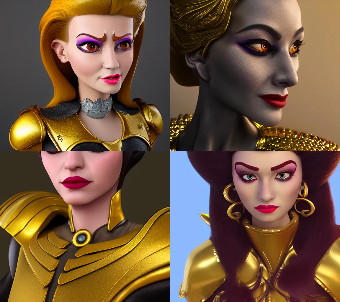 Prompt: detailed Portrait of female Disney villain wearing golden armor, arrogant look, 3D render, 4k, ocatane render