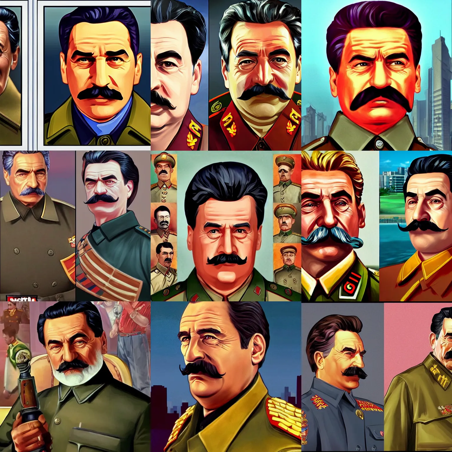 Prompt: Stalin as a character in the game GTA VI, with a background based on the game League of Legends, detailed face, photorealistic pAINTING BY alex grey and android jones