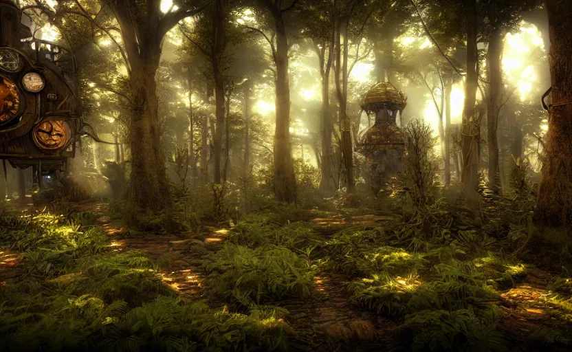 Prompt: steampunk fantasy forest. daylight. stars. unreal engine. 8K. detailed. photorealism. artstation. digital render. ultra realistic