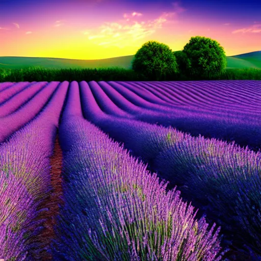 Prompt: Lavender Fields in full bloom, 3D render, sunrise, beautiful scene