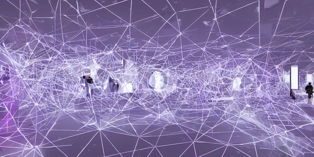 Image similar to Exhibiton with guests and digital terminals from an artificial intelligence with several geometric shapes with white and purple contours. Realistic Concept Art photography