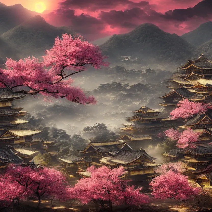 Prompt: old empty samurai city surrounded by sakura trees, beautiful valley and mountains with forest, sunrise matte painting, digital art, artistation