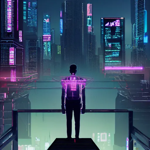 Image similar to a man standing on top of a bridge over a city, cyberpunk art by Vincent Lefevre, behance contest winner, altermodern, cityscape, synthwave, matte painting