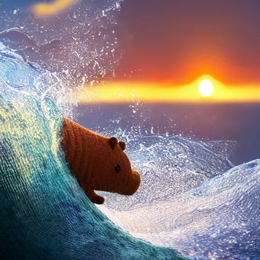 Image similar to a closeup photorealistic photograph of a knitted cute tiger hippopotamus riding an epic wave during sunset. extreme texture. surf in the background. professional capture. brightly lit scene. this 4 k hd image is trending on artstation, featured on behance, well - rendered, extra crisp, features intricate detail, epic composition and the style of unreal engine.