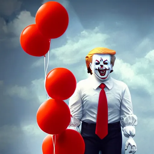 Image similar to Donald Trump with Pennywise body, realistic artstyle, wide shot, dramatic lighting, octane render, hyperrealistic, high quality, highly detailed, HD, beautiful, cinematic, 8k, unreal engine, facial accuracy, symmetrical