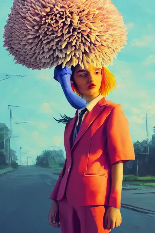 Image similar to closeup giant dahlia flower head, girl in a suit on a street, surreal photography, blue sky, sunrise, dramatic light, impressionist painting, digital painting, artstation, simon stalenhag