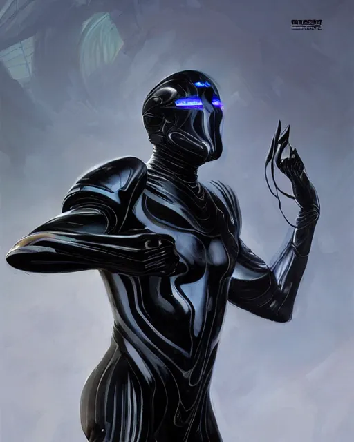 Image similar to iridescent sinewy smooth muscular male sleek glossy black pearlescent scifi armor with smooth black featureless helmet, by greg rutkowski and mark brookes and jim burns and tom bagshaw and magali villeneuve, trending on artstation