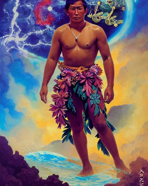 Image similar to young duke kahanamoku as a hawaiian warrior emerging from a surrounded intergalactic planets connected by streams of multiversal flow, sigma male, gigachad, lush garden of majestic flowers, visually stunning, luxurious, by wlop, james jean, jakub rebelka, tran nguyen, peter mohrbacher, yoann lossel